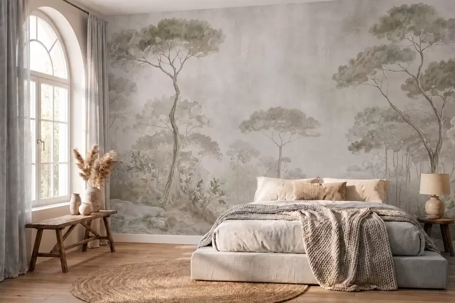 wall murals Магловита шума поред мирне воде у меким природним пастелним тоновима w05817