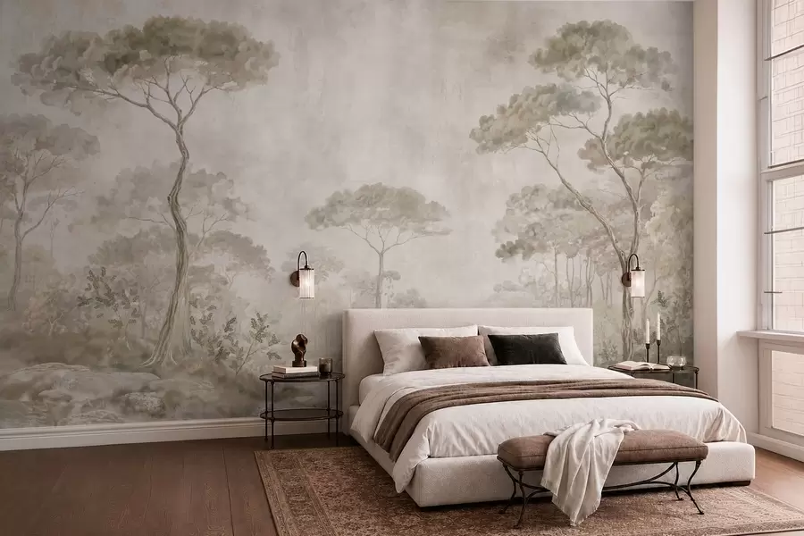 wall murals Магловита шума поред мирне воде у меким природним пастелним тоновима w05817