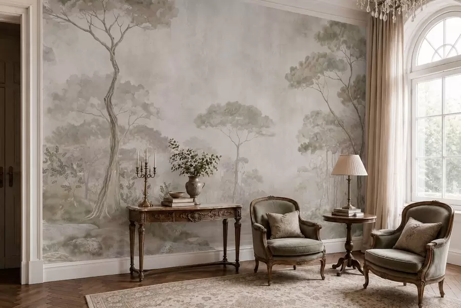 wall murals Магловита шума поред мирне воде у меким природним пастелним тоновима w05817