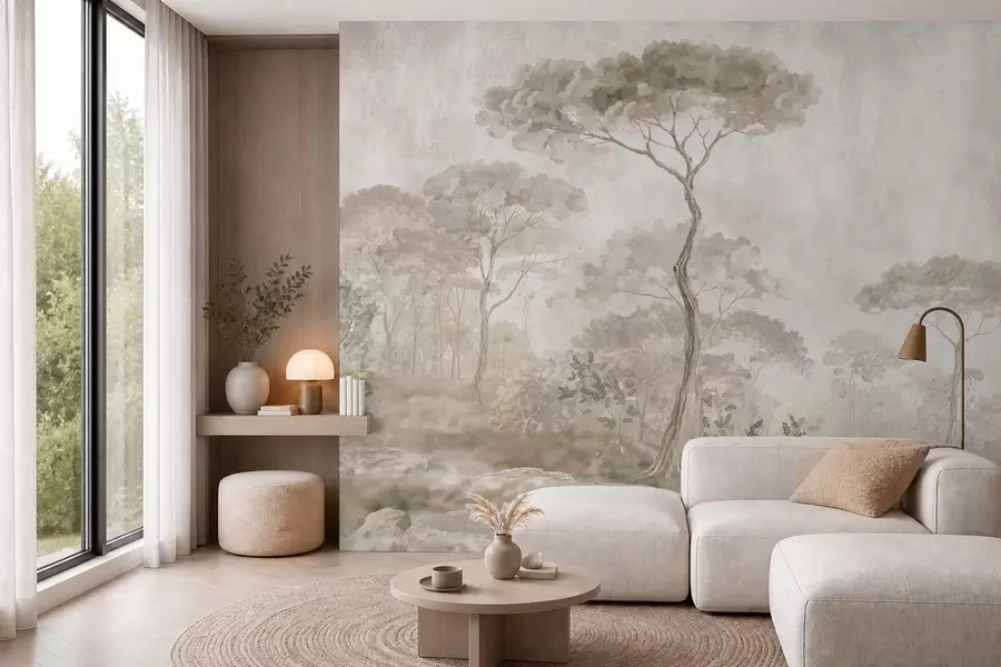 wall murals Магловита шума поред мирне воде у меким природним пастелним тоновима w05817