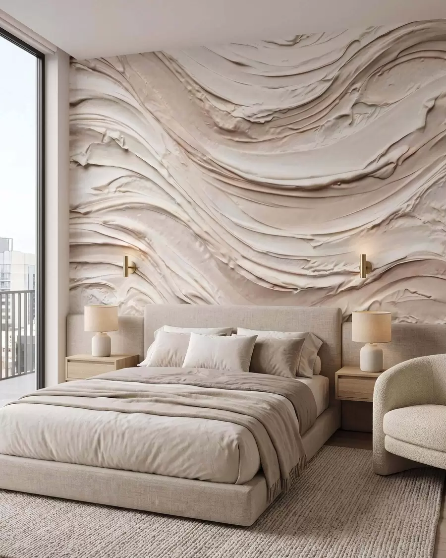 wall murals Топли кремасто-бресквасти таласи који имитирају текстурирани малтер, апстрактни w09990