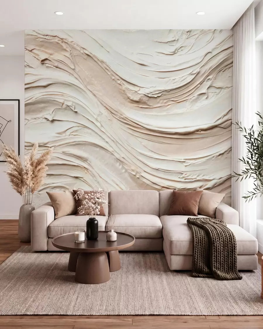 wall murals Топли кремасто-бресквасти таласи који имитирају текстурирани малтер, апстрактни w09990