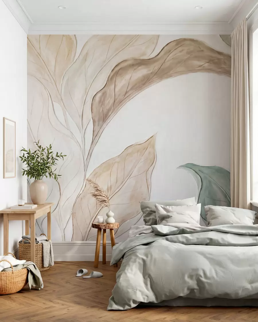wall murals Имитација рељефно обликованих, нежних беж-зелених листова w09991