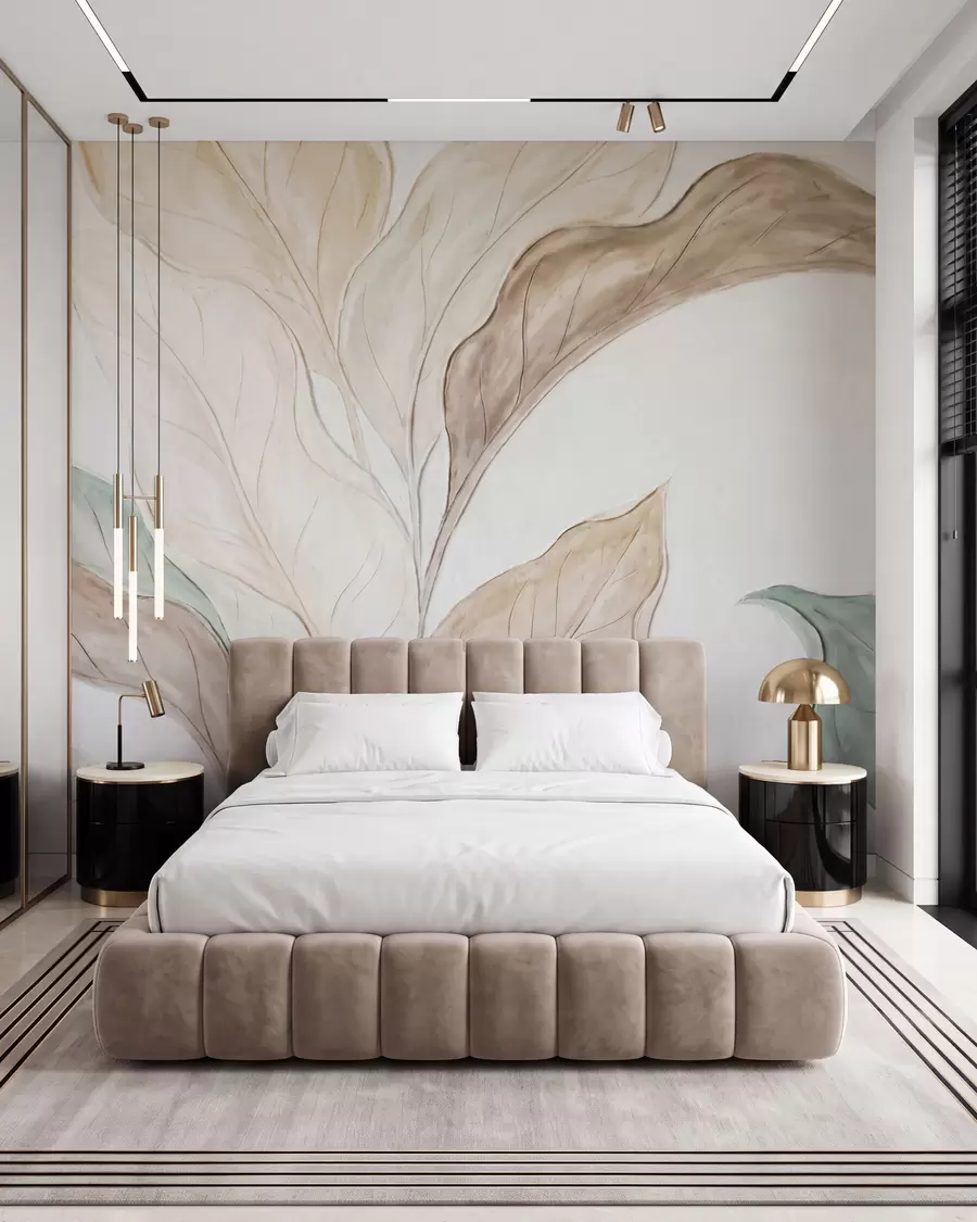 wall murals Имитација рељефно обликованих, нежних беж-зелених листова w09991