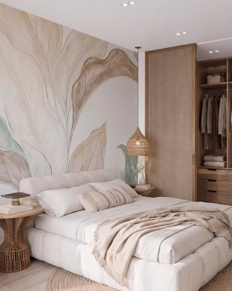 wall murals Имитација рељефно обликованих, нежних беж-зелених листова w09991