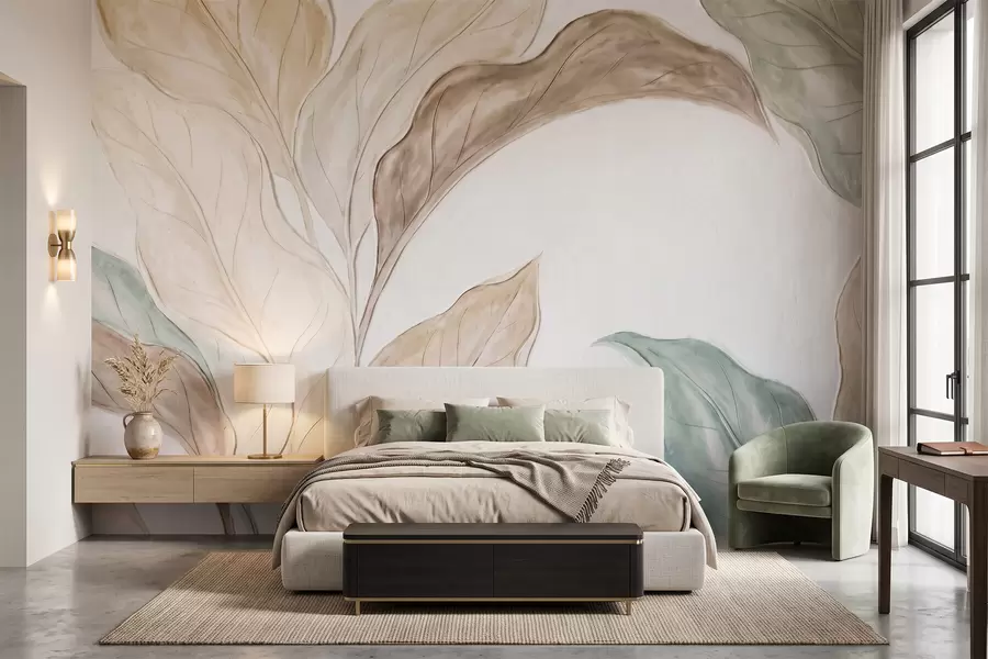 wall murals Имитација рељефно обликованих, нежних беж-зелених листова w09991