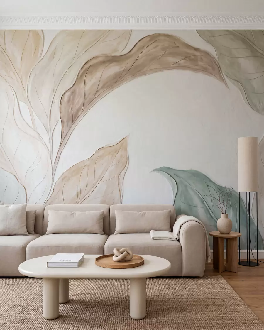 wall murals Имитација рељефно обликованих, нежних беж-зелених листова w09991
