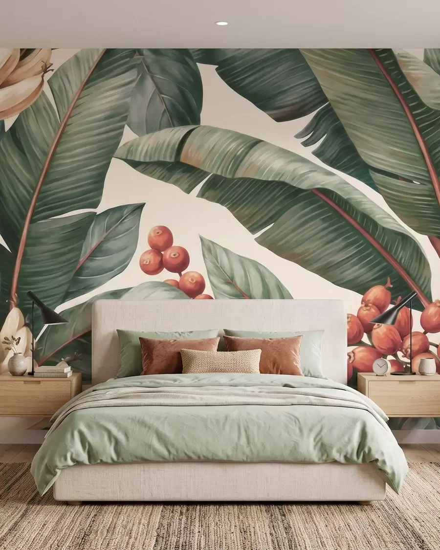 wall murals Тропски листови банане са гроздовима црвених бобица кафе, акварел стил w09997
