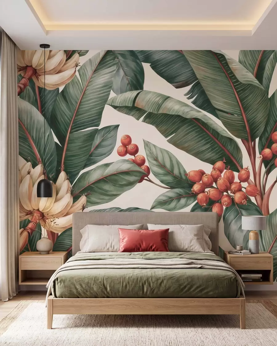 wall murals Тропски листови банане са гроздовима црвених бобица кафе, акварел стил w09997
