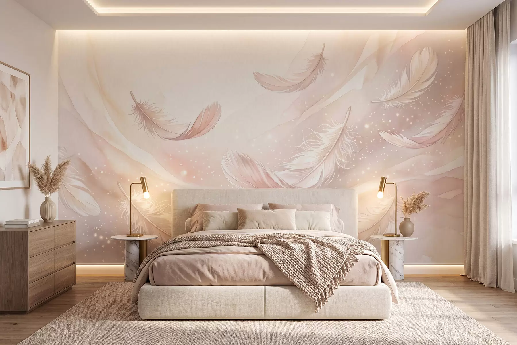 wall murals Нежно прозрачно перје у бресквасто-ружичастој измаглици са сјајем w10003