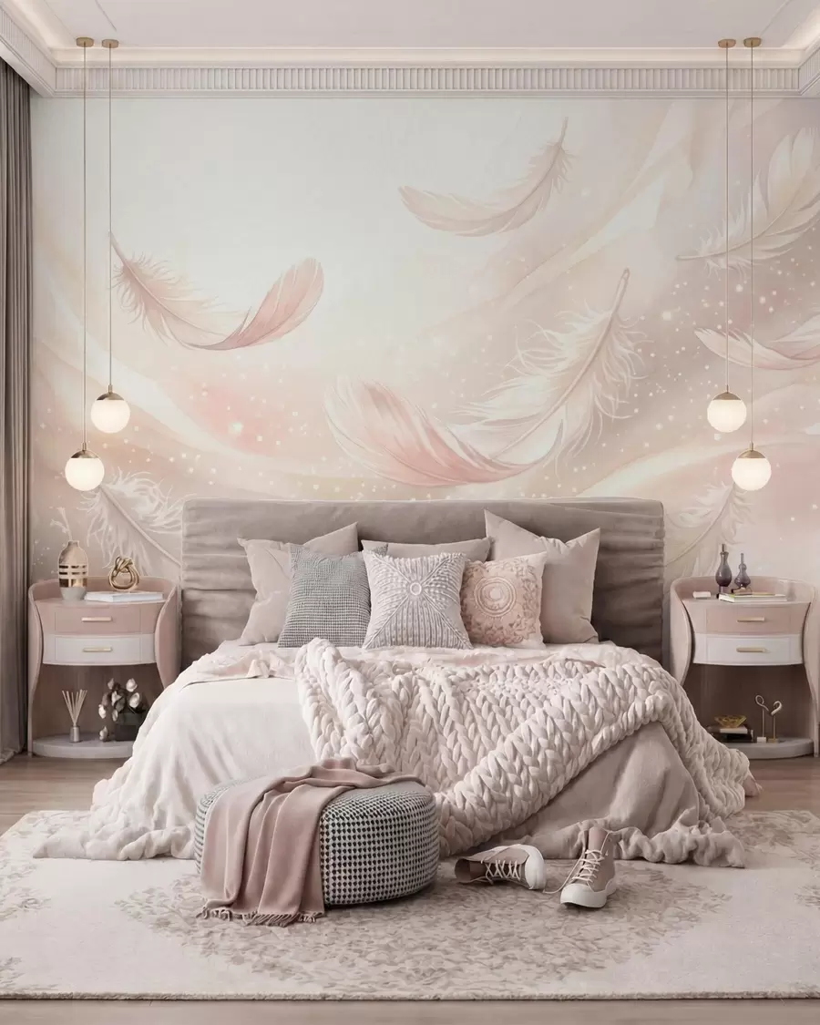 wall murals Нежно прозрачно перје у бресквасто-ружичастој измаглици са сјајем w10003