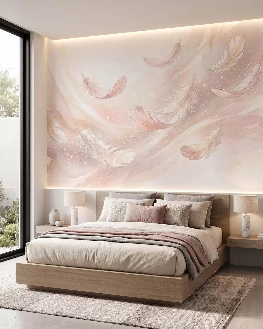 wall murals Нежно прозрачно перје у бресквасто-ружичастој измаглици са сјајем w10003