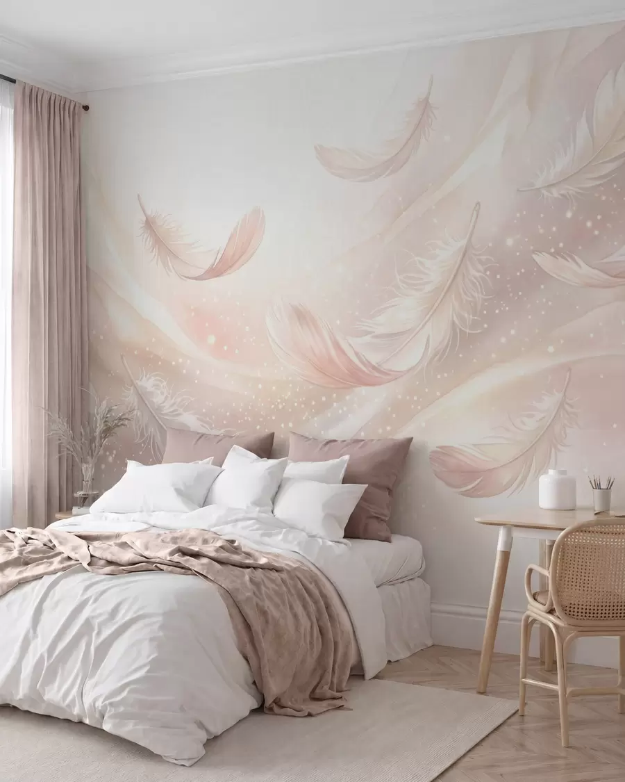 wall murals Нежно прозрачно перје у бресквасто-ружичастој измаглици са сјајем w10003
