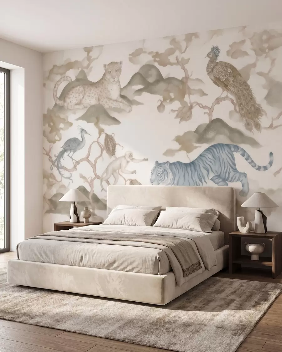 wall murals Царска башта са животињама у оријенталном стилу — мајмуном, леопардом, тигром, пауном и чапљом w10011