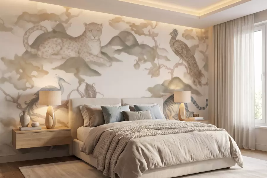 wall murals Царска башта са животињама у оријенталном стилу — мајмуном, леопардом, тигром, пауном и чапљом w10011