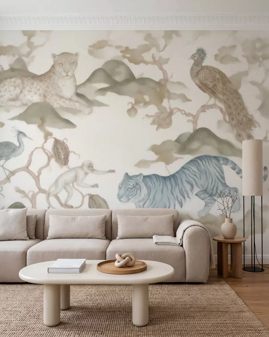 wall murals Царска башта са животињама у оријенталном стилу — мајмуном, леопардом, тигром, пауном и чапљом w10011