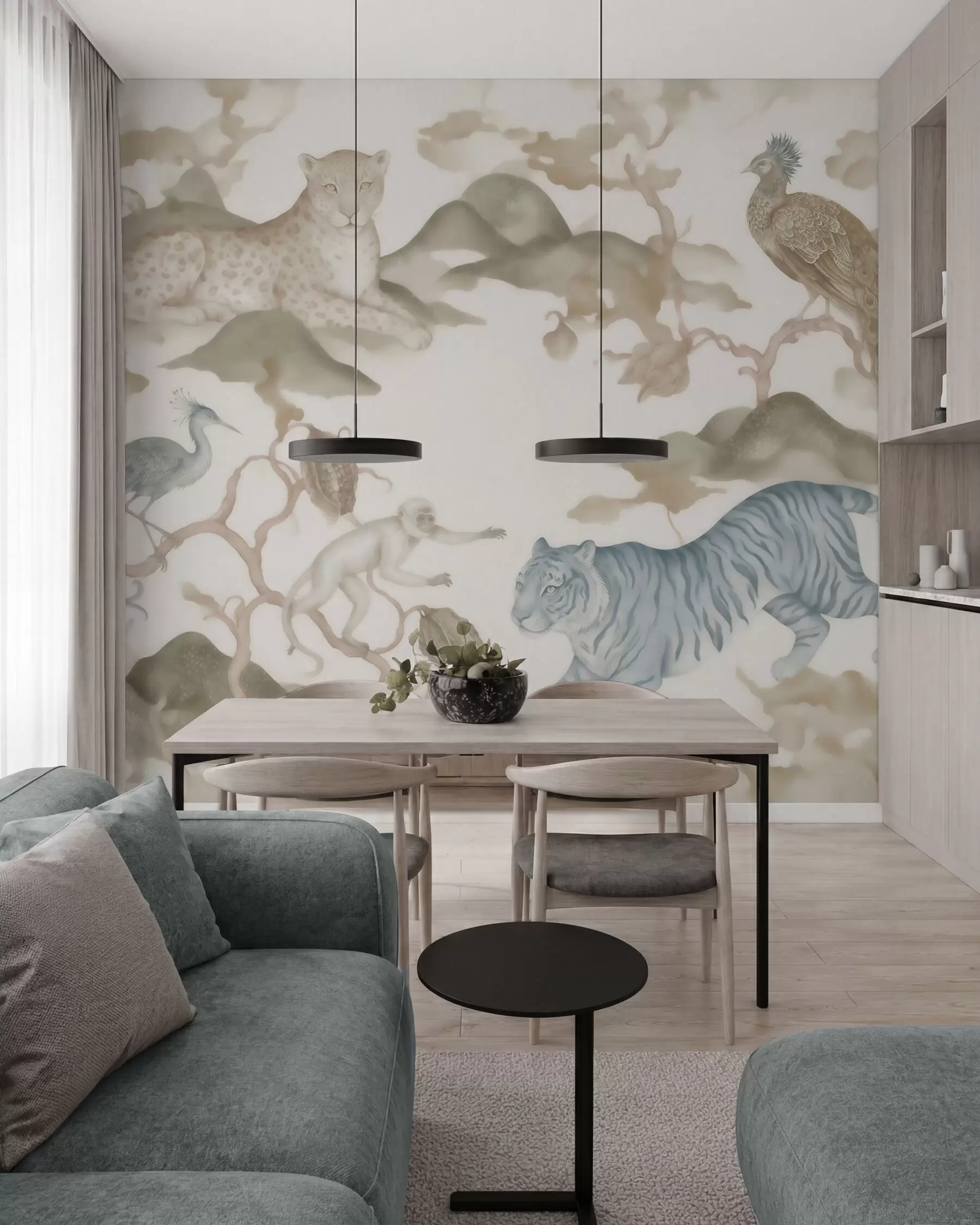 wall murals Царска башта са животињама у оријенталном стилу — мајмуном, леопардом, тигром, пауном и чапљом w10011