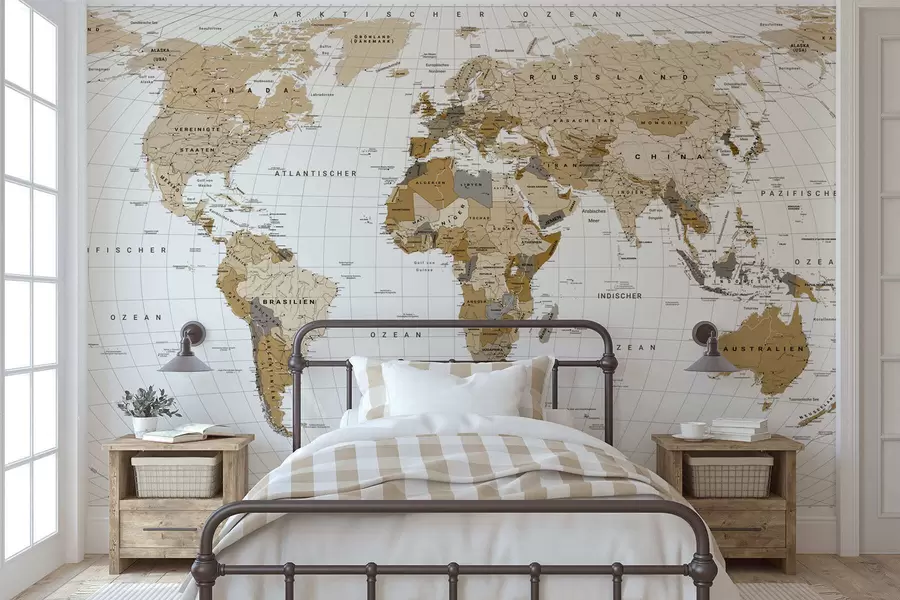 wall murals Смеђа политичка мапа света са заставама на немачком језику c00016de