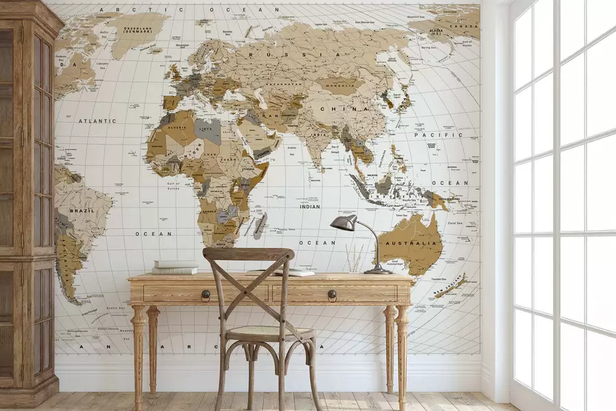 wall murals Смеђа политичка мапа света са заставама на енглеском језику c00016en