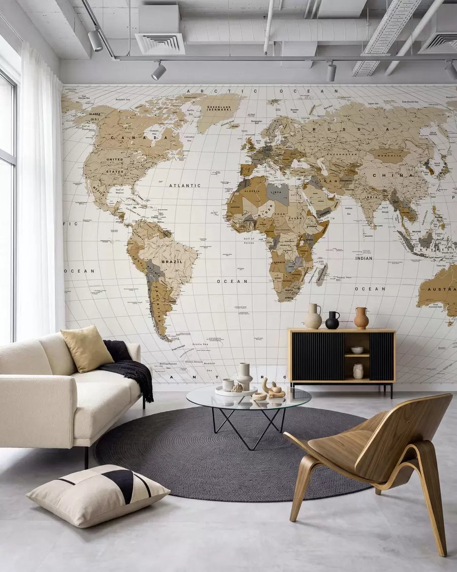 wall murals Смеђа политичка мапа света са заставама на енглеском језику c00016en