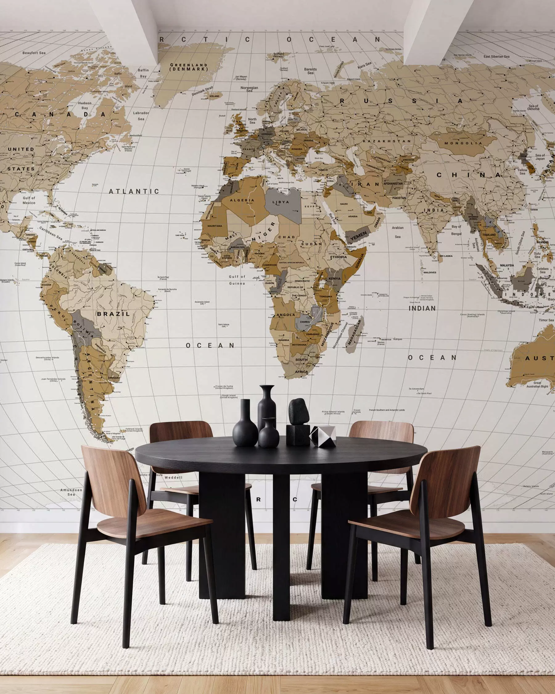 wall murals Смеђа политичка мапа света са заставама на енглеском језику c00016en