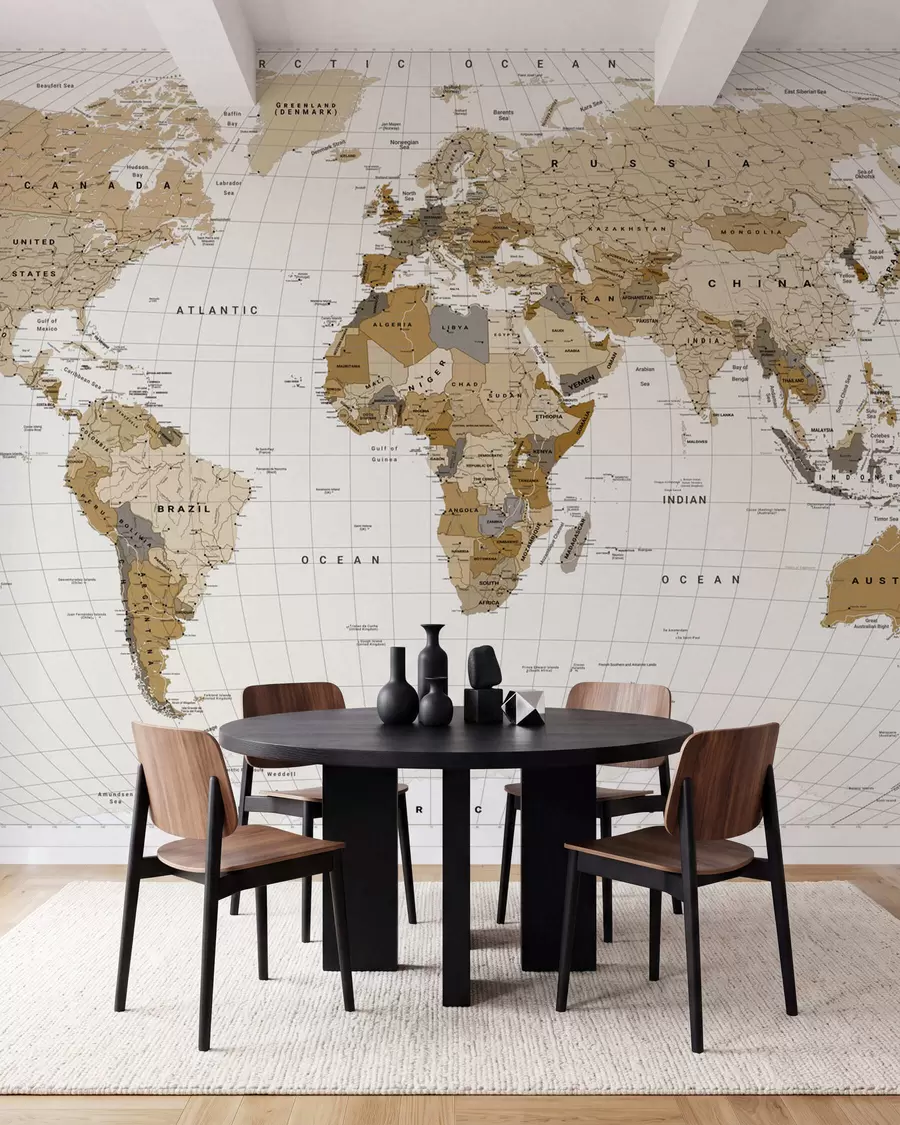 wall murals Смеђа политичка мапа света са заставама на енглеском језику c00016en