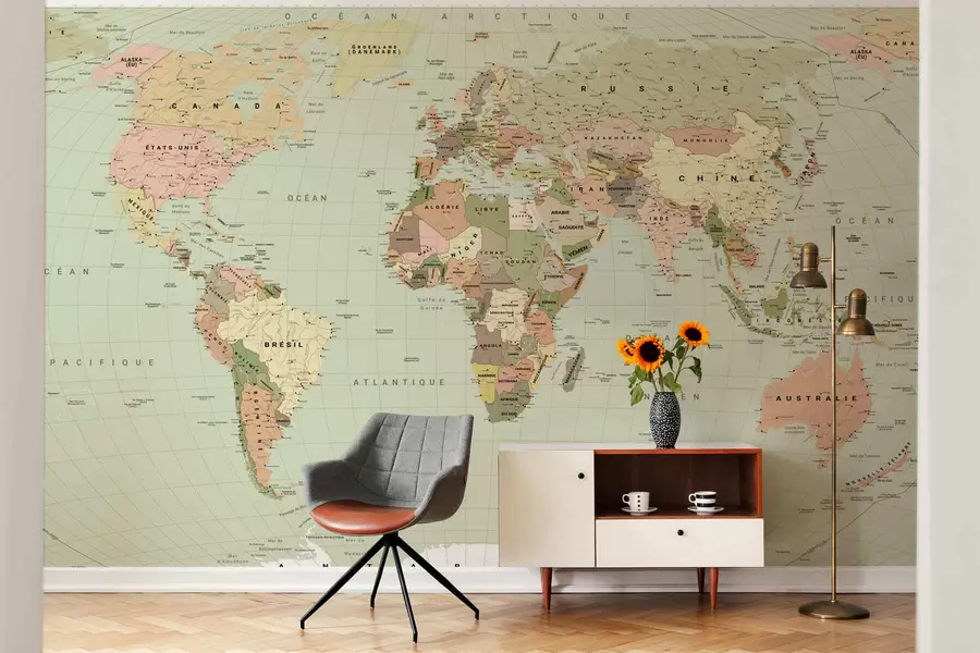 wall murals Маслинасто обојена политичка мапа света са заставама, на француском c00016frv3