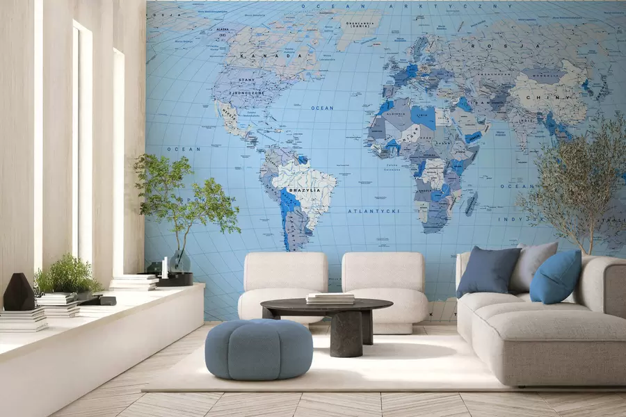wall murals Плава политичка мапа света са заставама, на пољском c00016plv2