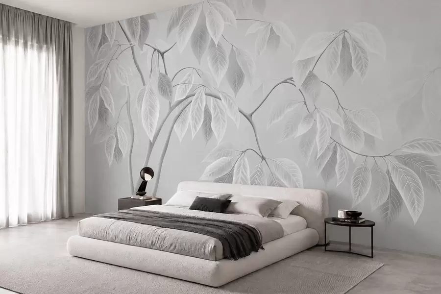 wall murals Бледе гране са великим листовима на мекој позадини w05806