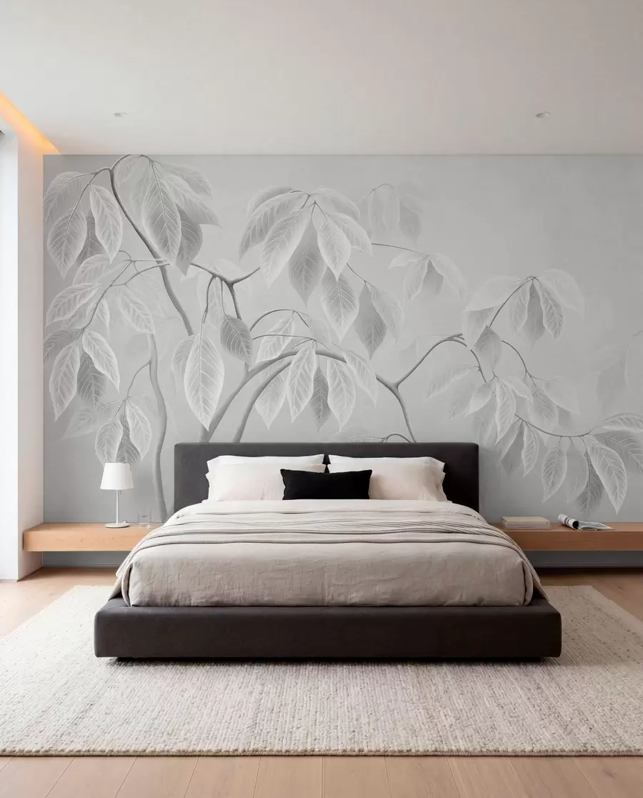 wall murals Бледе гране са великим листовима на мекој позадини w05806