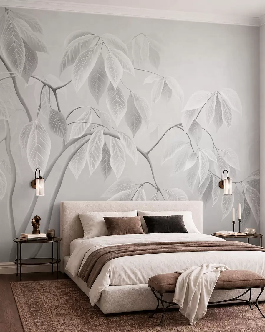 wall murals Бледе гране са великим листовима на мекој позадини w05806
