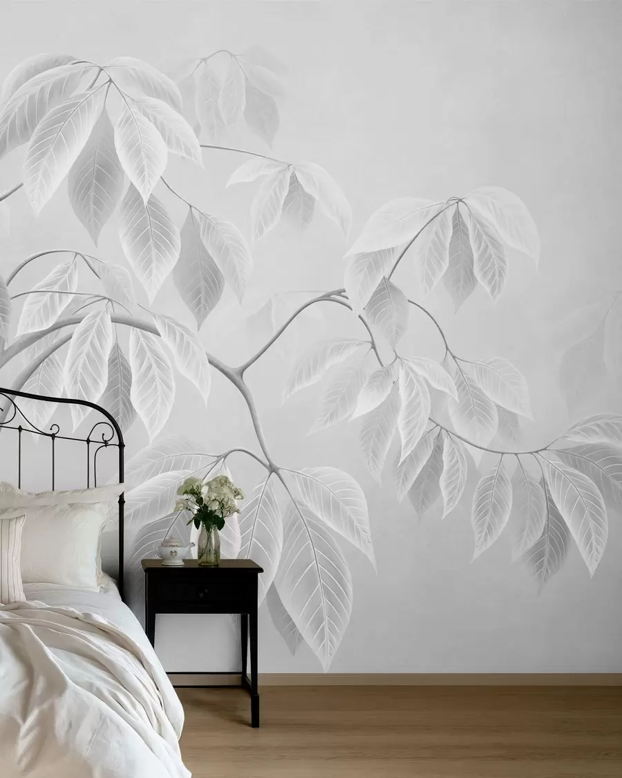 wall murals Бледе гране са великим листовима на мекој позадини w05806