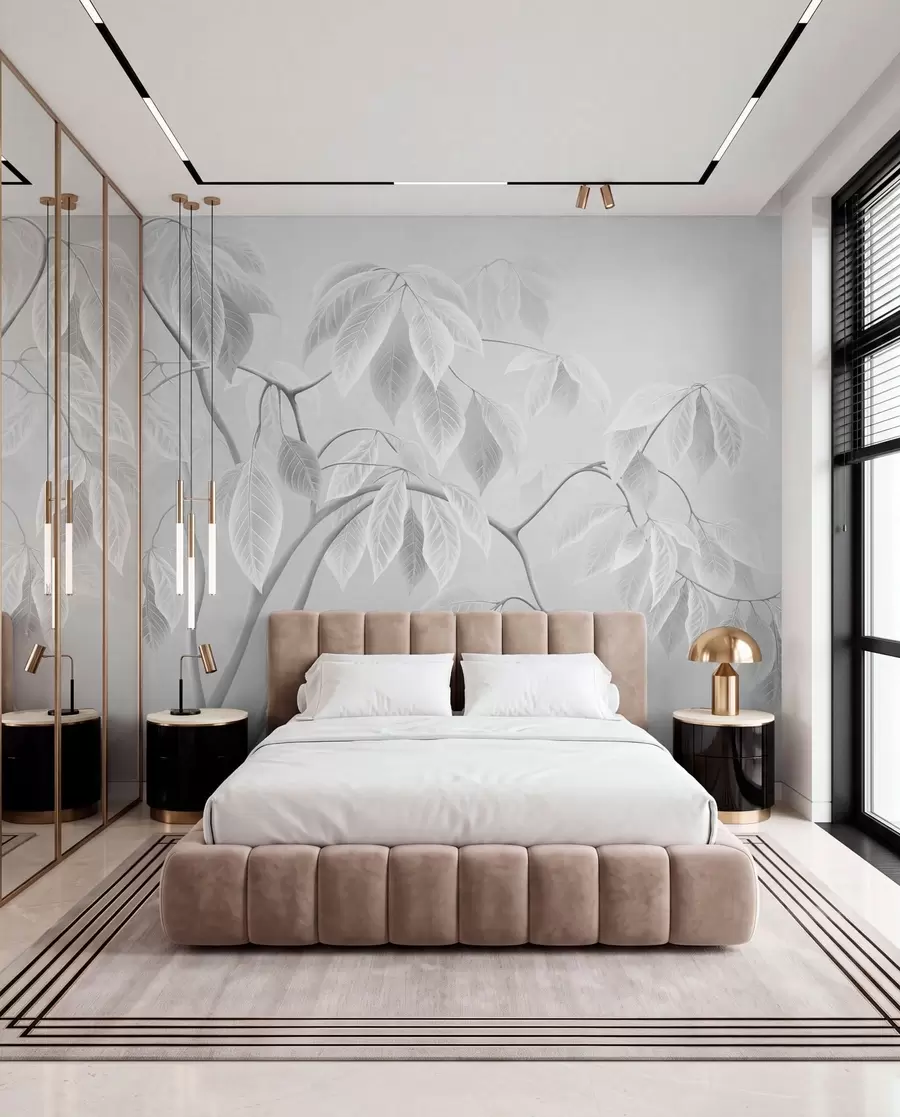 wall murals Бледе гране са великим листовима на мекој позадини w05806
