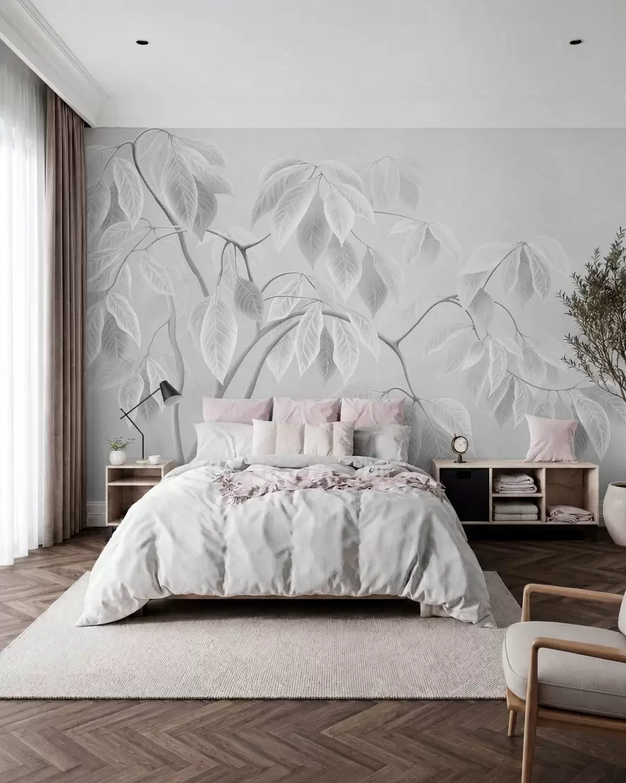 wall murals Бледе гране са великим листовима на мекој позадини w05806