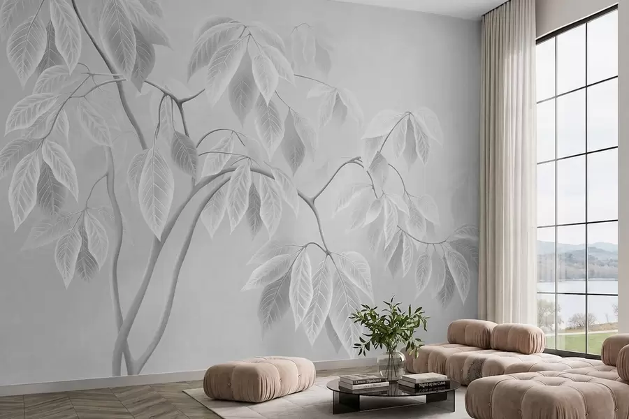 wall murals Бледе гране са великим листовима на мекој позадини w05806