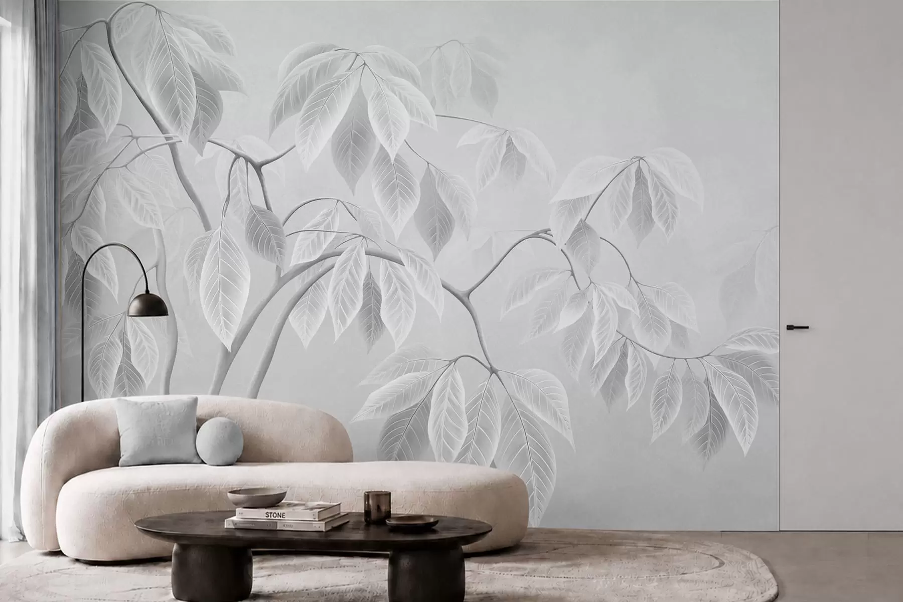 wall murals Бледе гране са великим листовима на мекој позадини w05806