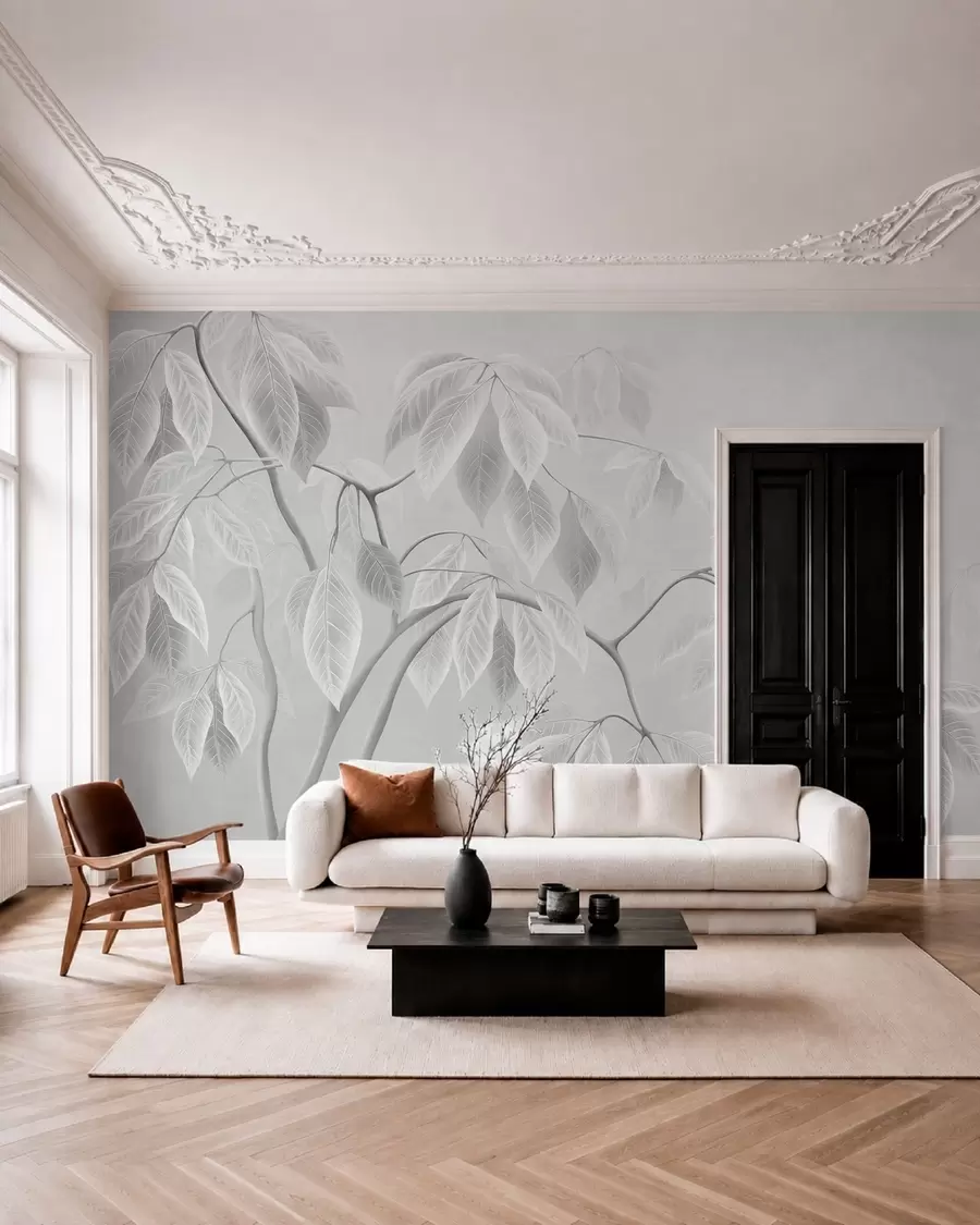 wall murals Бледе гране са великим листовима на мекој позадини w05806