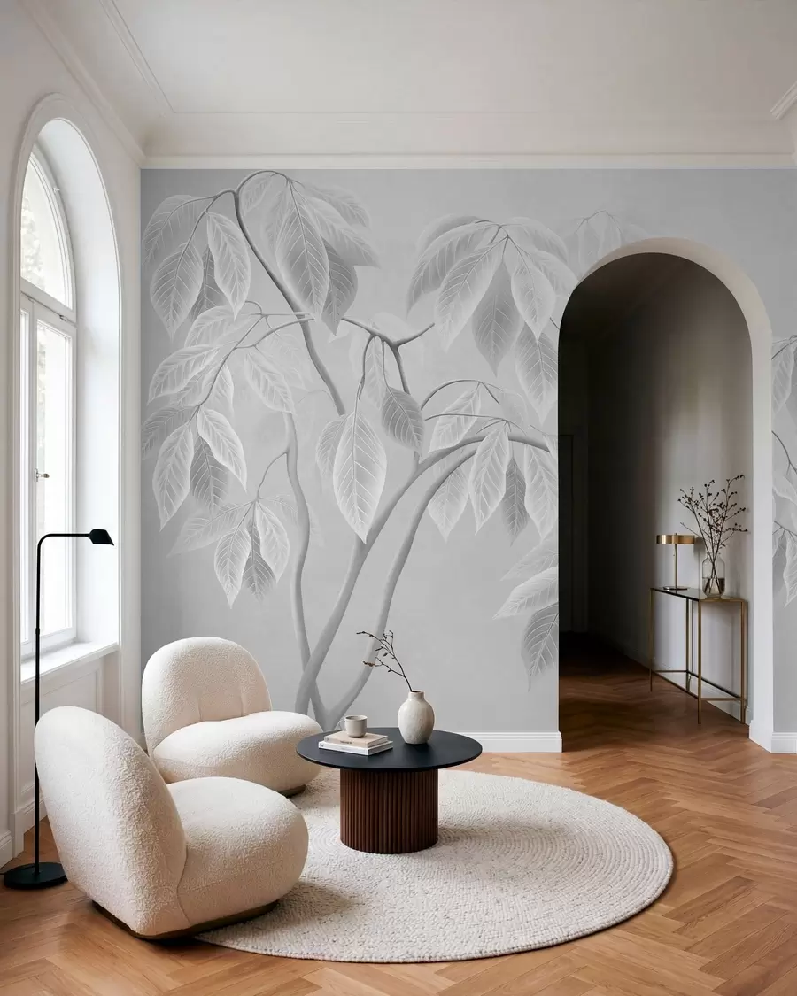 wall murals Бледе гране са великим листовима на мекој позадини w05806