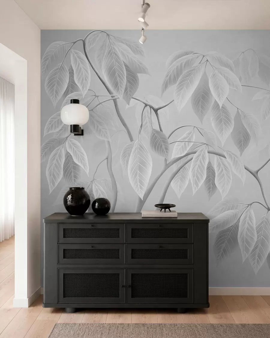 wall murals Бледе гране са великим листовима на мекој позадини w05806