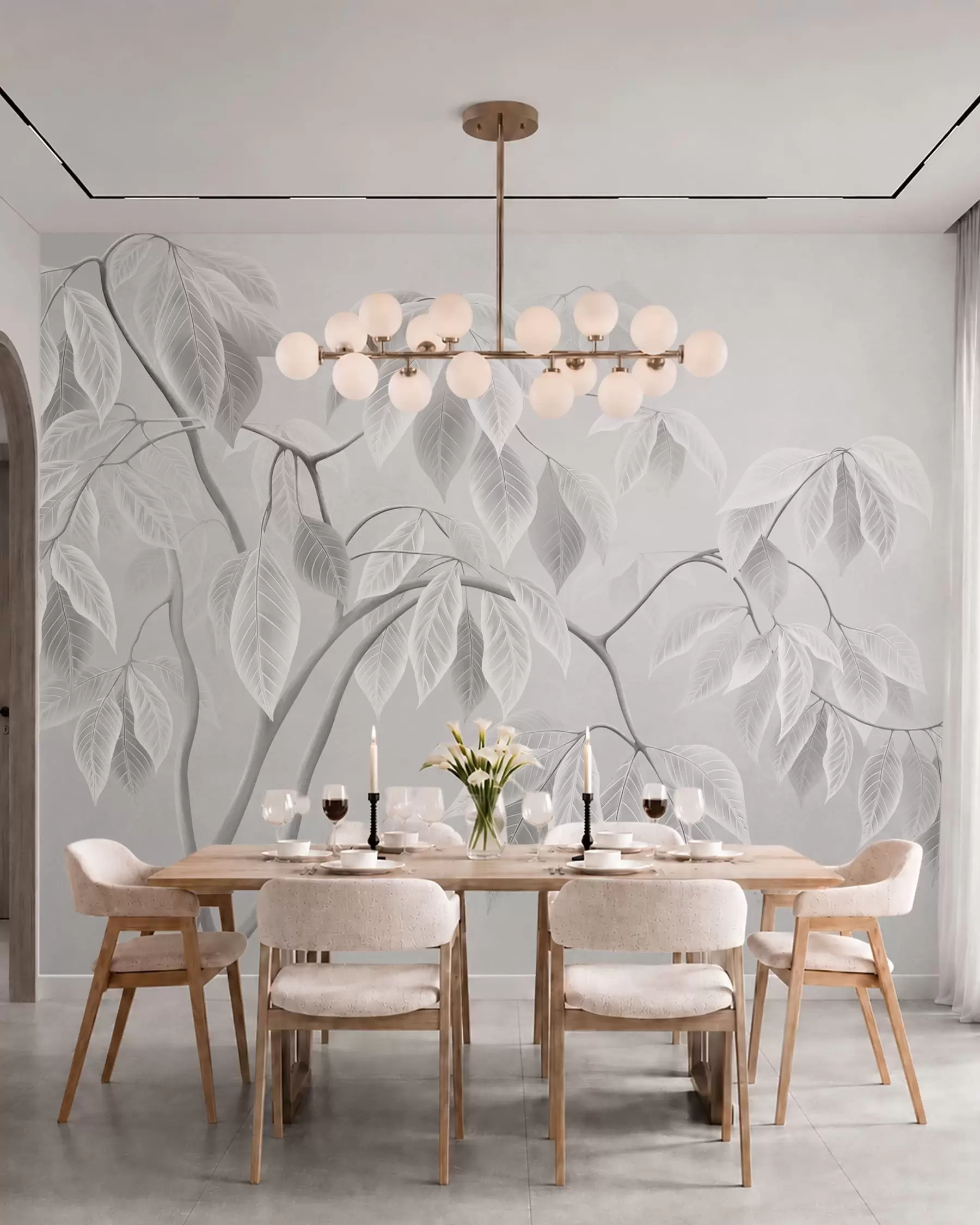 wall murals Бледе гране са великим листовима на мекој позадини w05806
