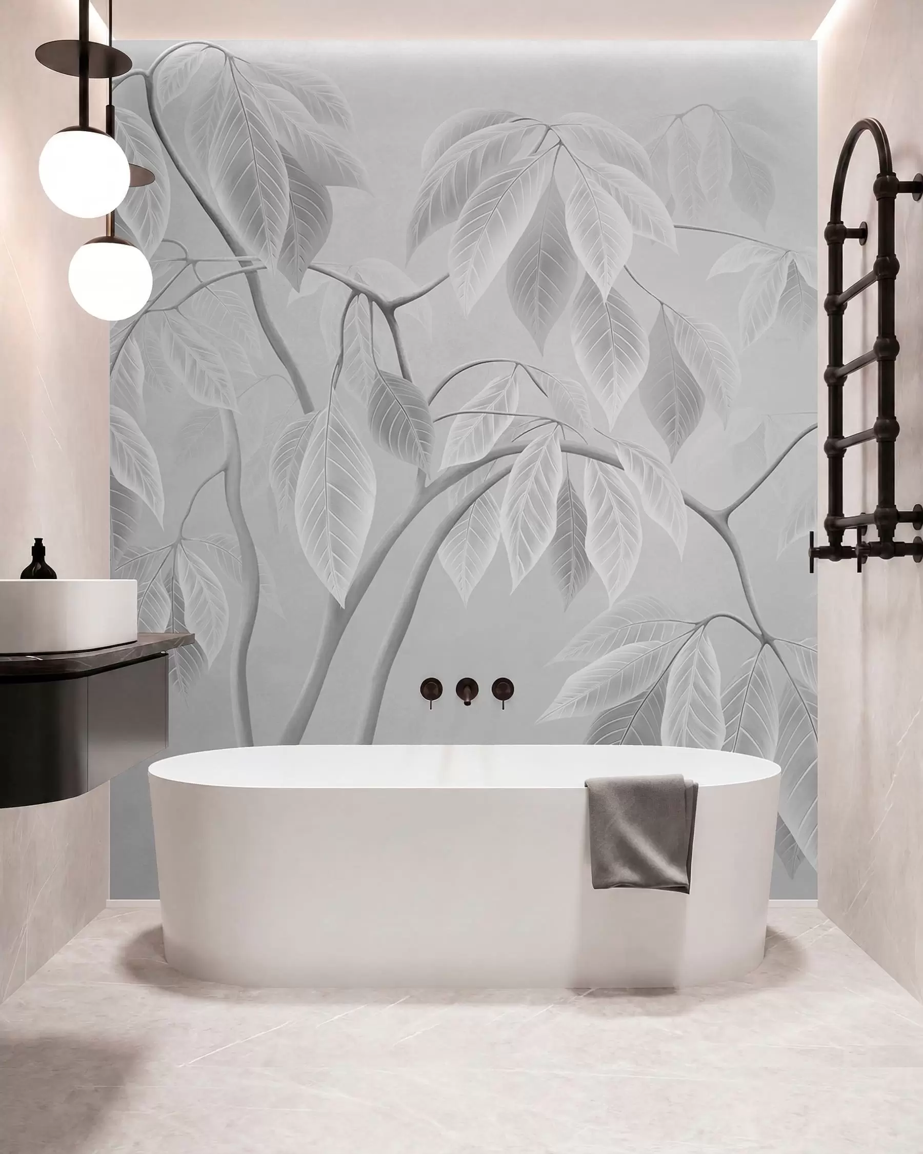 wall murals Бледе гране са великим листовима на мекој позадини w05806