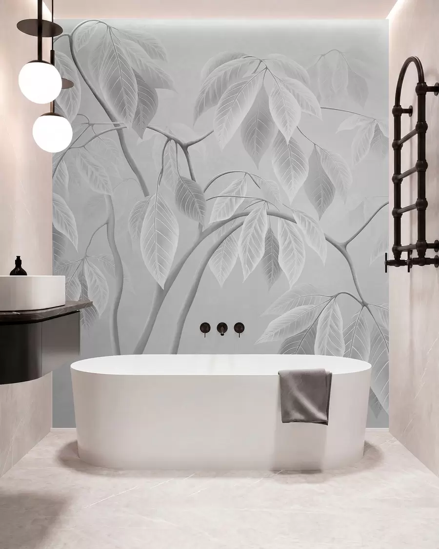wall murals Бледе гране са великим листовима на мекој позадини w05806