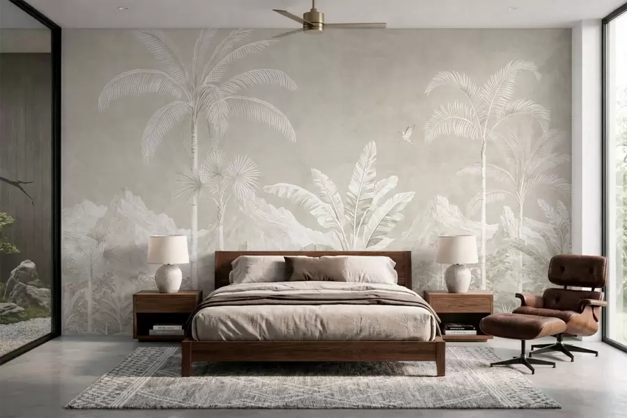 wall murals Светли тропски пејзаж са палмама, птицама и планинама w05819v1