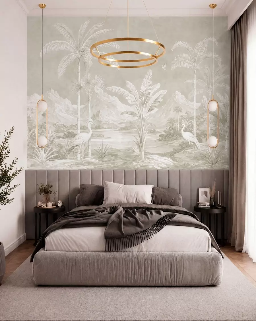 wall murals Светли тропски пејзаж са палмама, птицама и планинама w05819v1