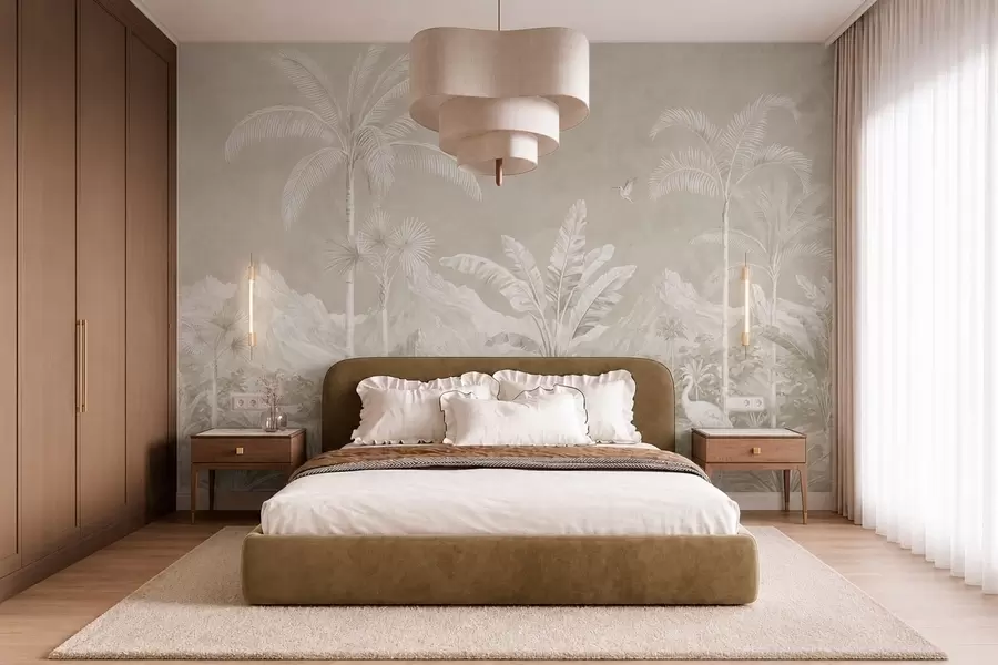 wall murals Светли тропски пејзаж са палмама, птицама и планинама w05819v1