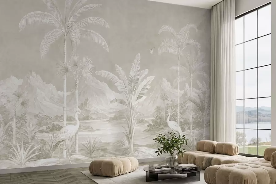 wall murals Светли тропски пејзаж са палмама, птицама и планинама w05819v1