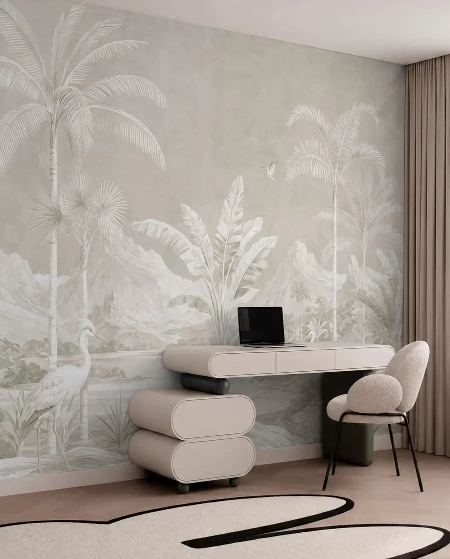 wall murals Светли тропски пејзаж са палмама, птицама и планинама w05819v1
