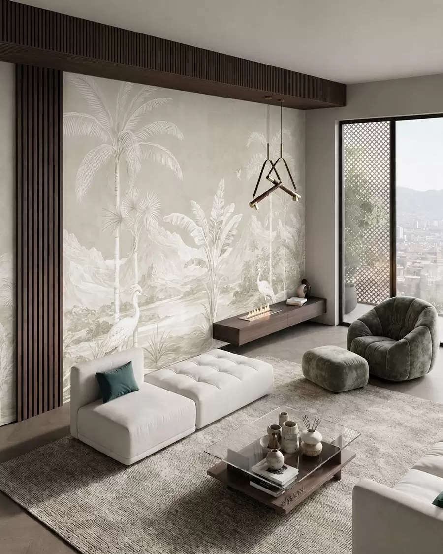 wall murals Светли тропски пејзаж са палмама, птицама и планинама w05819v1