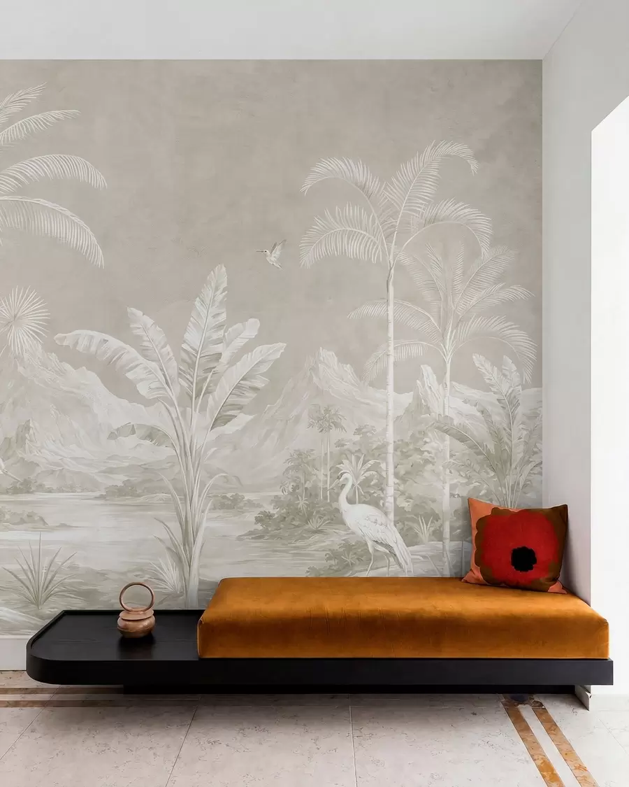 wall murals Светли тропски пејзаж са палмама, птицама и планинама w05819v1