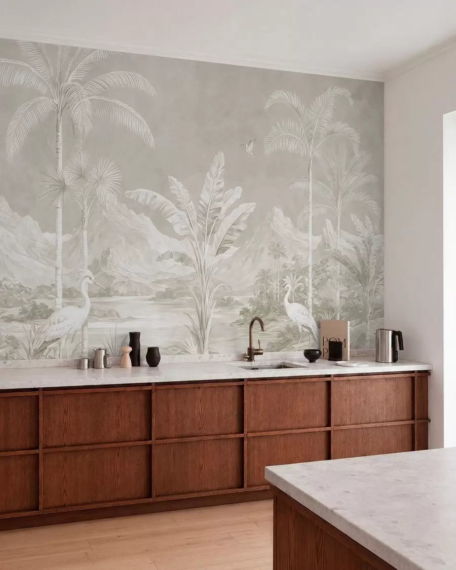 wall murals Светли тропски пејзаж са палмама, птицама и планинама w05819v1